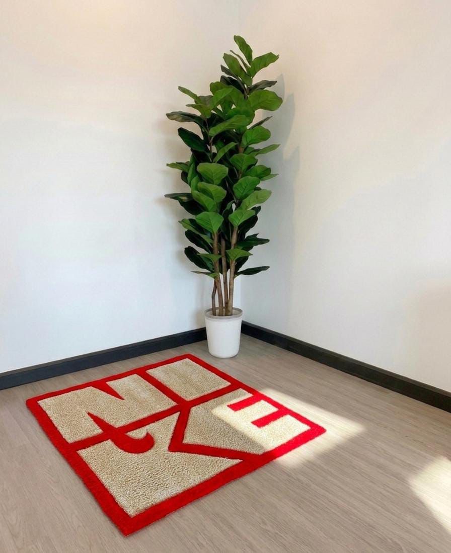 Retro Sport Red & Beige Block Logo Custom Tufted Rug – Handmade Hypebeast Geometric Floor Mat | Streetwear Home Decor & Room Aesthetic