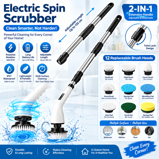 9-in-1 Electric Cleaning Brush with Adjustable Extension Handle, Cordless Rechargeable Spin Scrubber, Waterproof Multi-Surface Cleaning Brush for Bathroom, Kitchen, Floor & Car