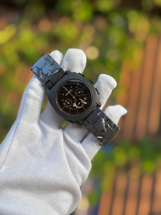 Fossil Machine Chronograph — All Black with Rose Gold Accents