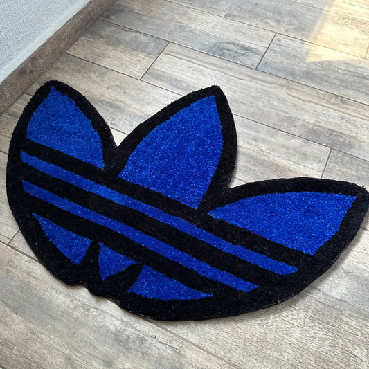 Retro Trefoil Blue & Black Custom Tufted Rug – Handmade Hypebeast Athletic Floor Mat | Vintage Streetwear Bedroom Decor & Sneakerhead Gift