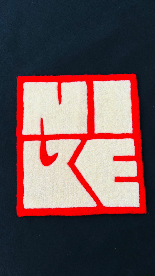 Retro Sport Red & Beige Block Logo Custom Tufted Rug – Handmade Hypebeast Geometric Floor Mat | Streetwear Home Decor & Room Aesthetic