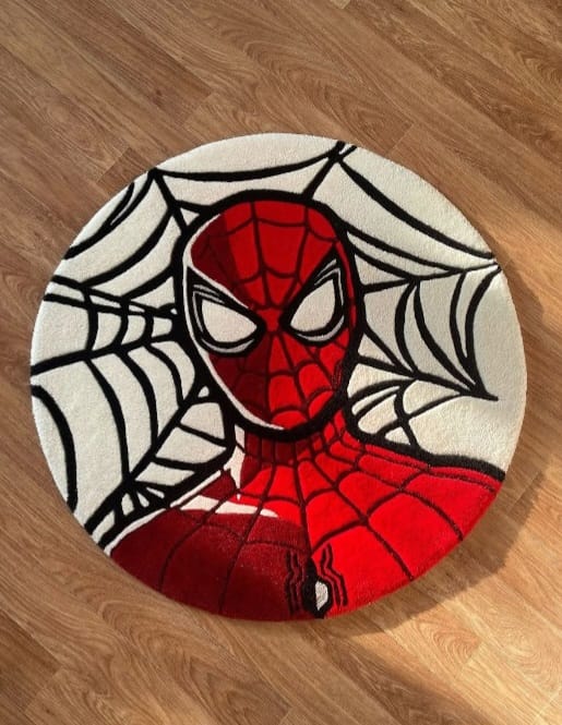 Spiderman Web Circular Custom Tufted Rug – Handmade Marvel Hero Floor Mat | Cute Comic Book Kids Room, Game Room & Bedroom Decor