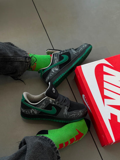 Nike SB Dunk Low — Black/Grey “Sketch” Print, Green Swoosh