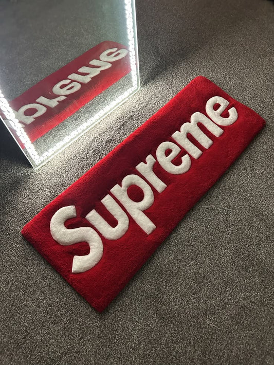 Classic Red Box Logo Custom Tufted Rug – Handmade Hypebeast Supreme Style Runner | Streetwear Bedroom Decor & Sneaker Closet Mat