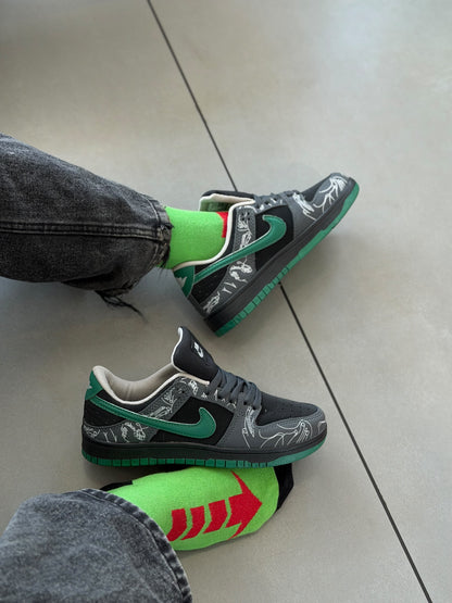 Nike SB Dunk Low — Black/Grey “Sketch” Print, Green Swoosh