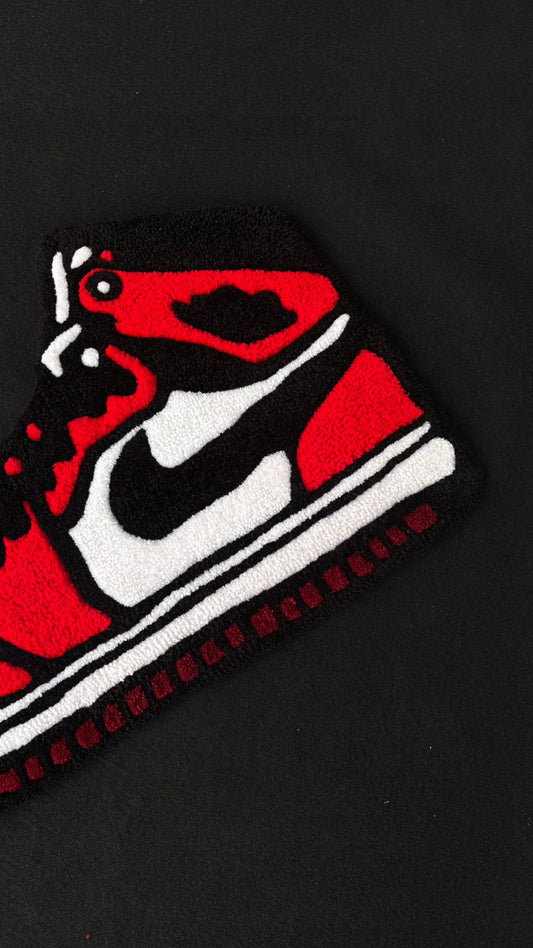Retro AJ1 Sneaker Custom Tufted Rug – Handcrafted Red & Black Hypebeast Floor Mat | Streetwear Bedroom Decor & Sneakerhead Gift