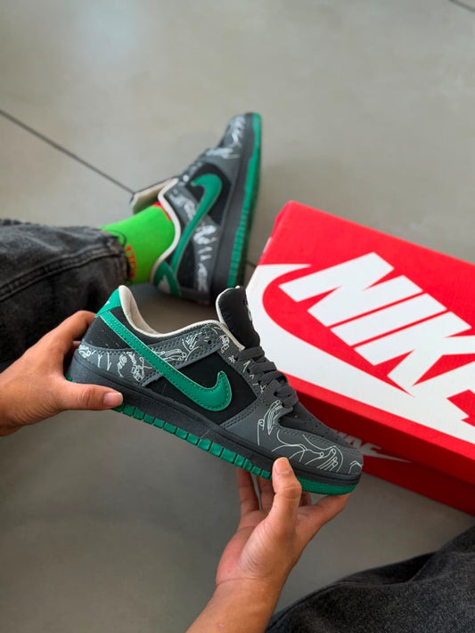 Nike SB Dunk Low — Black/Grey “Sketch” Print, Green Swoosh