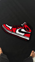 Retro AJ1 Sneaker Custom Tufted Rug – Handcrafted Red & Black Hypebeast Floor Mat | Streetwear Bedroom Decor & Sneakerhead Gift
