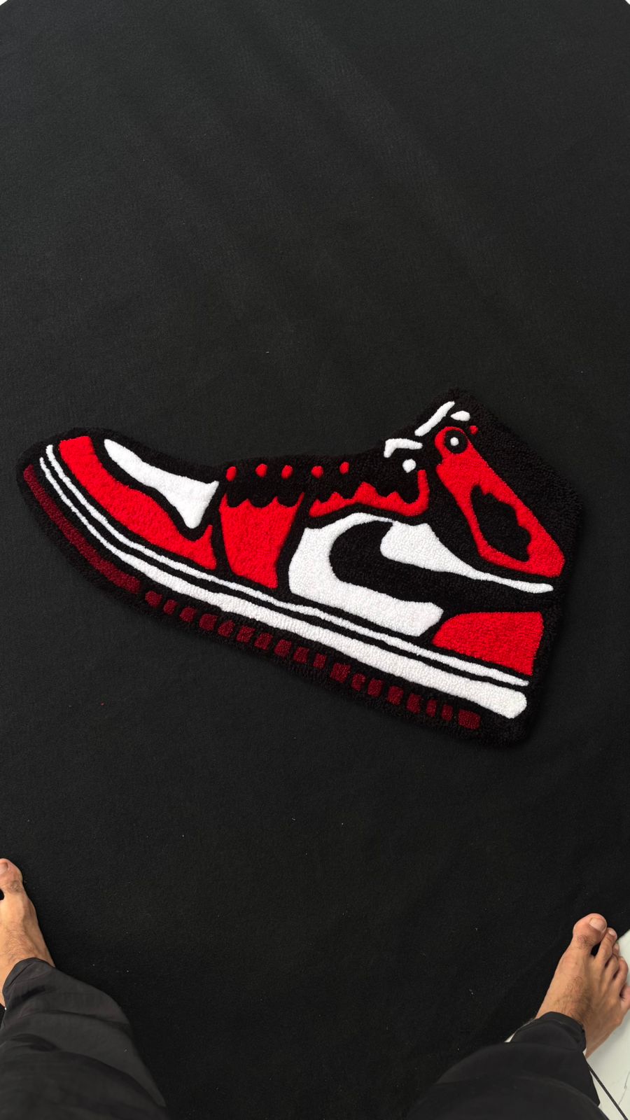 Retro AJ1 Sneaker Custom Tufted Rug – Handcrafted Red & Black Hypebeast Floor Mat | Streetwear Bedroom Decor & Sneakerhead Gift