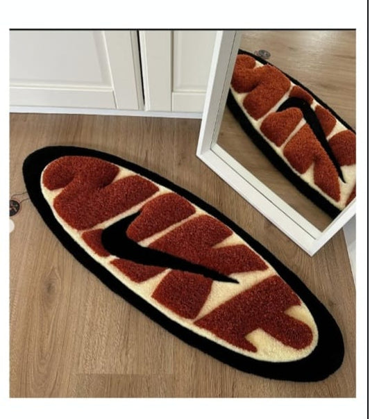 Retro Oval Swoosh 3D Tufted Rug – Handmade Rust Brown & Cream Hypebeast Runner | Vintage Athletic Bedroom Decor & Sneaker Mirror Mat