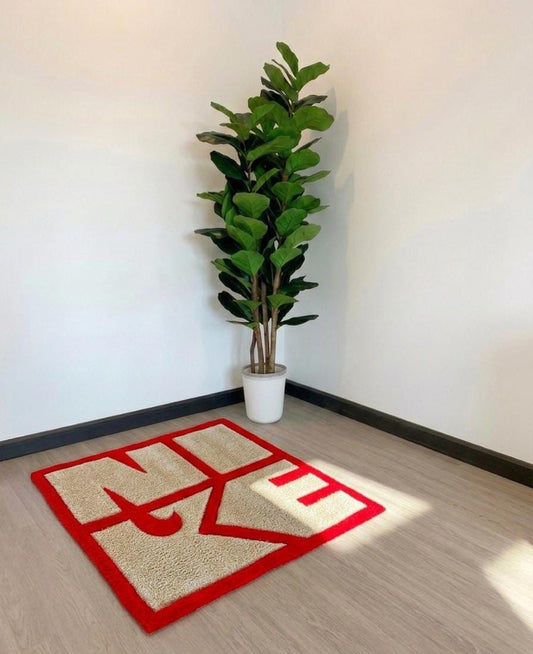 Retro Sport Red & Beige Block Logo Custom Tufted Rug – Handmade Hypebeast Geometric Floor Mat | Streetwear Home Decor & Room Aesthetic