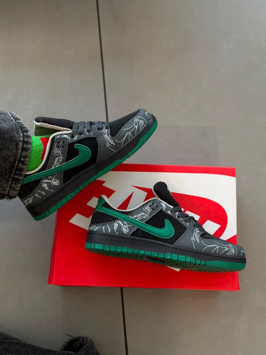 Nike SB Dunk Low — Black/Grey “Sketch” Print, Green Swoosh