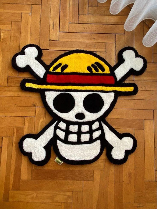 Straw Hat Pirates Logo Custom Tufted Rug – Handmade One Piece Anime Floor Mat | Luffy Skull & Crossbones Bedroom Decor & Otaku Gift
