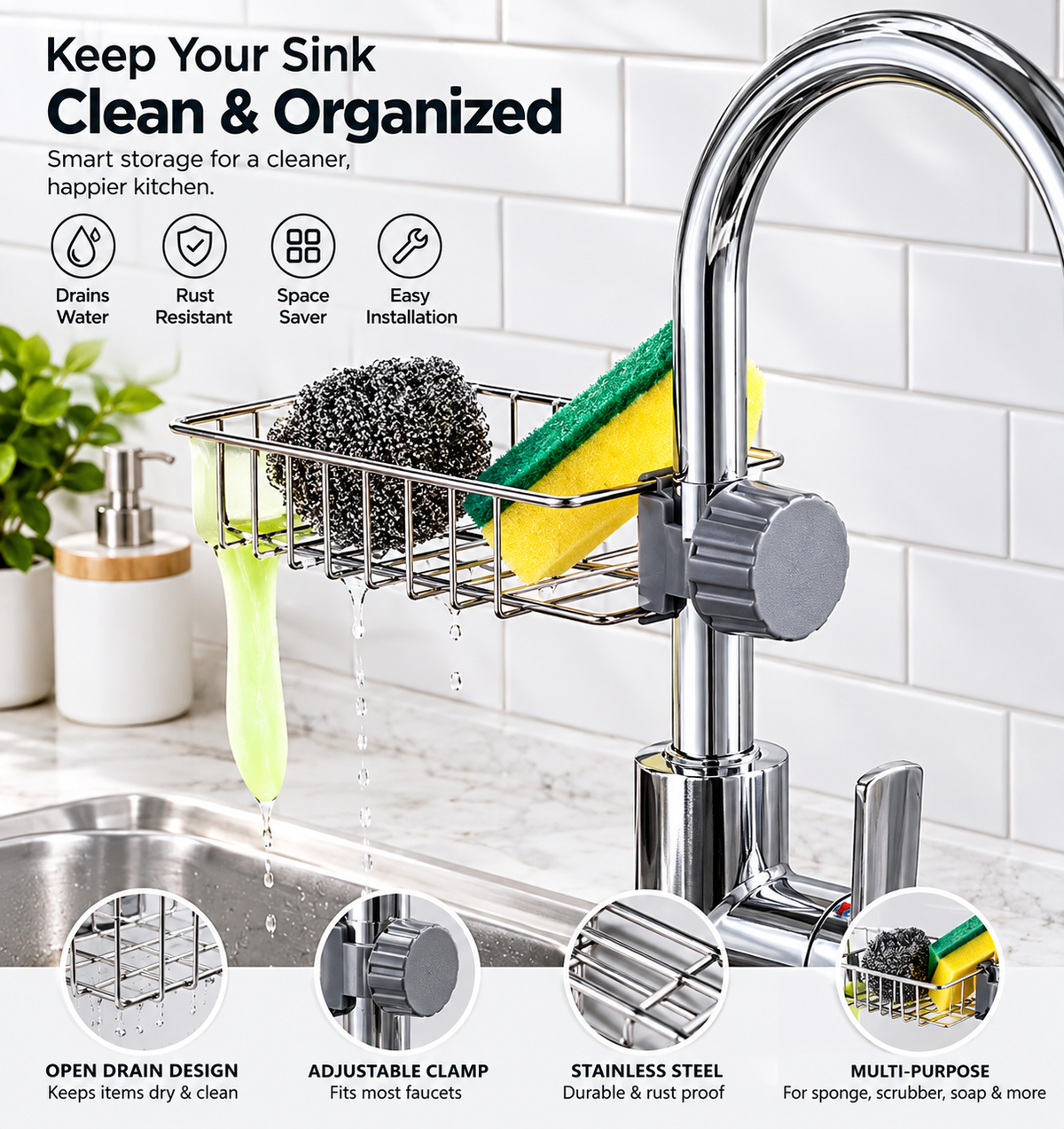 Stainless Steel Sink Organizer Rack – Faucet-Mounted Kitchen Sponge Holder with Drainage