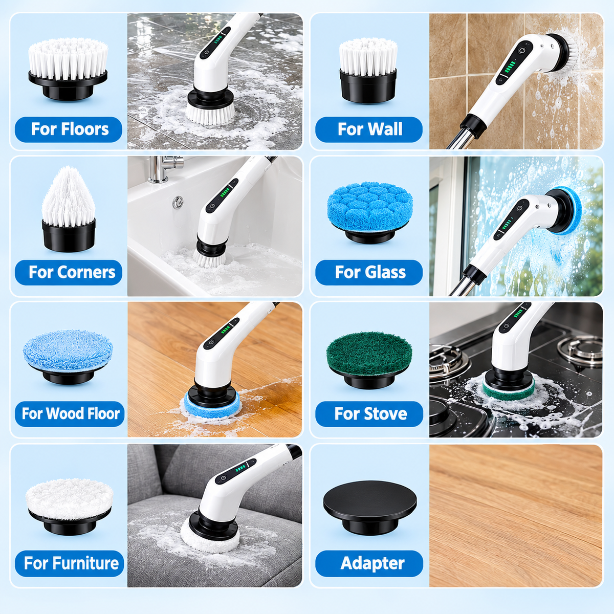 9-in-1 Electric Cleaning Brush with Adjustable Extension Handle, Cordless Rechargeable Spin Scrubber, Waterproof Multi-Surface Cleaning Brush for Bathroom, Kitchen, Floor & Car