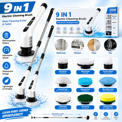 9-in-1 Electric Cleaning Brush with Adjustable Extension Handle, Cordless Rechargeable Spin Scrubber, Waterproof Multi-Surface Cleaning Brush for Bathroom, Kitchen, Floor & Car