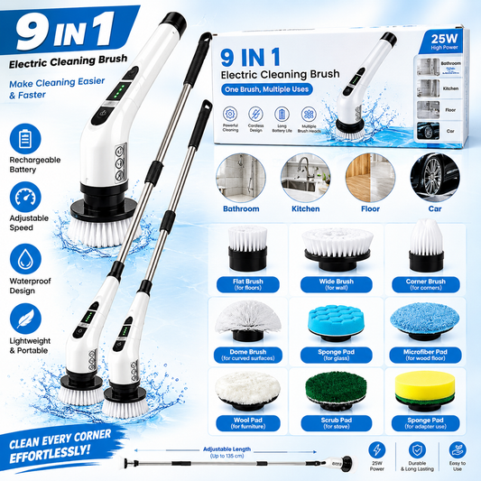 9-in-1 Electric Cleaning Brush with Adjustable Extension Handle, Cordless Rechargeable Spin Scrubber, Waterproof Multi-Surface Cleaning Brush for Bathroom, Kitchen, Floor & Car