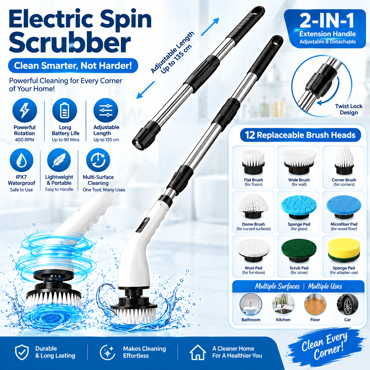 9-in-1 Electric Cleaning Brush with Adjustable Extension Handle, Cordless Rechargeable Spin Scrubber, Waterproof Multi-Surface Cleaning Brush for Bathroom, Kitchen, Floor & Car