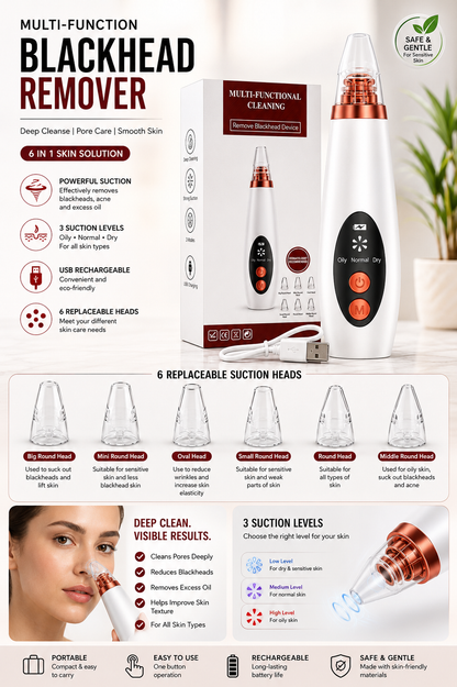 6-in-1 USB Rechargeable Blackhead Remover with 3 Suction Levels