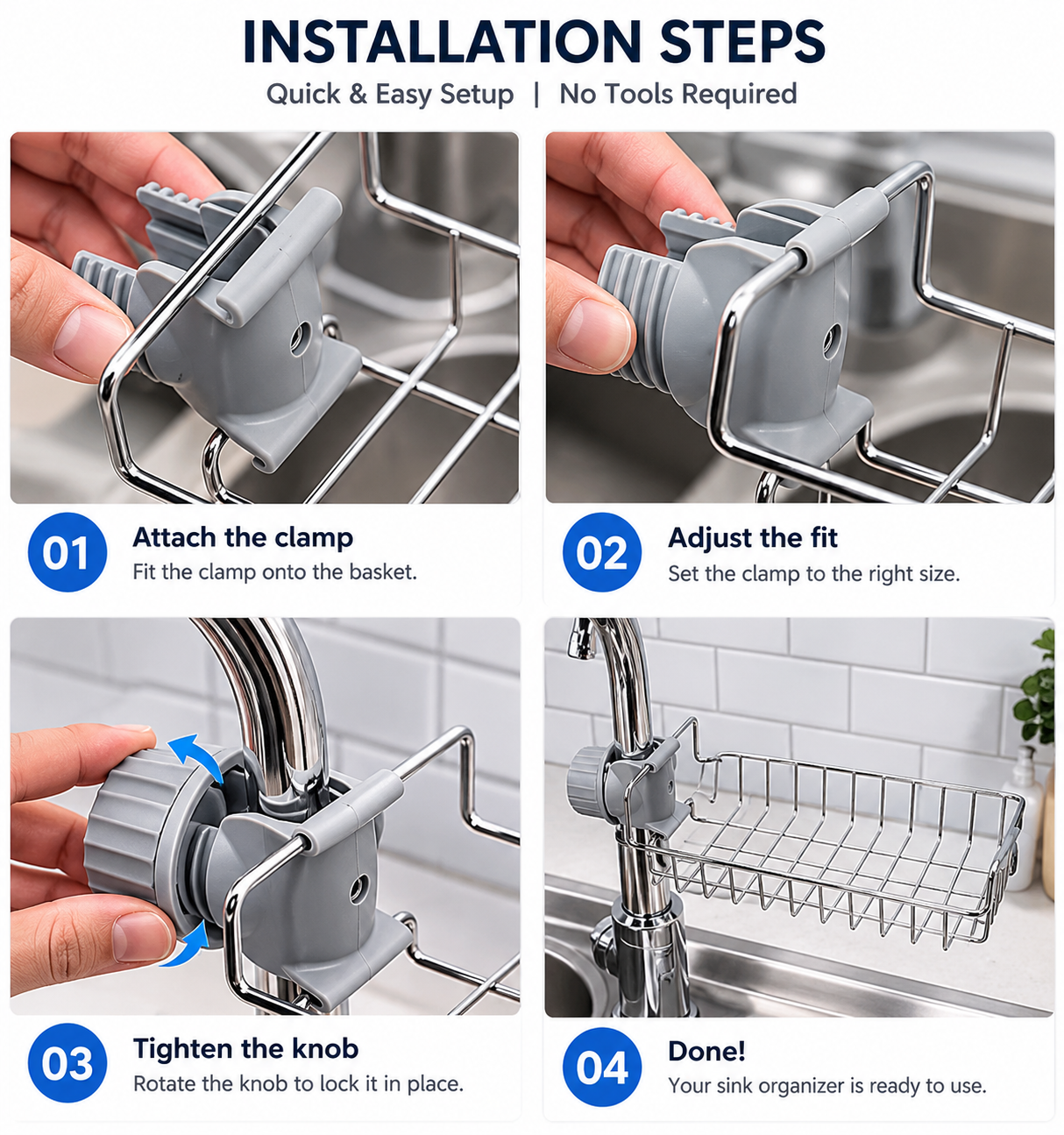 Stainless Steel Sink Organizer Rack – Faucet-Mounted Kitchen Sponge Holder with Drainage