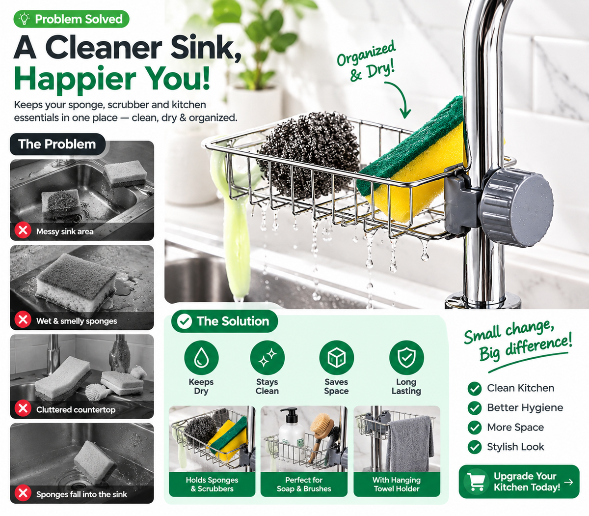 Stainless Steel Sink Organizer Rack – Faucet-Mounted Kitchen Sponge Holder with Drainage