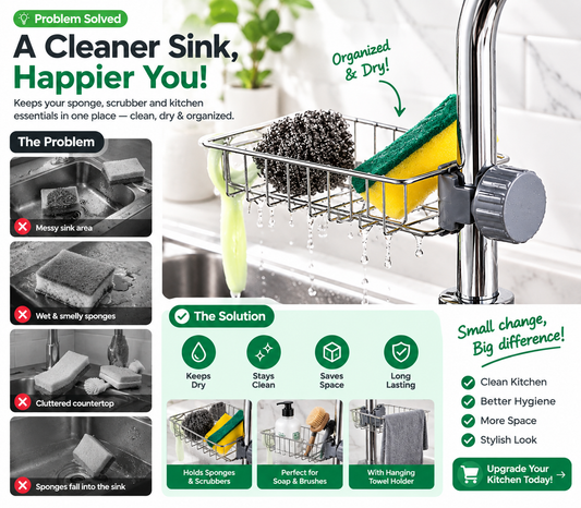 Stainless Steel Sink Organizer Rack – Faucet-Mounted Kitchen Sponge Holder with Drainage