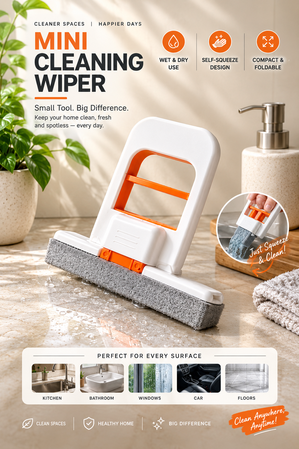 Mini Magic Mop – Self-Squeeze Microfiber Cleaning Mop | Wet & Dry Floor, Kitchen, Glass & Car Cleaner