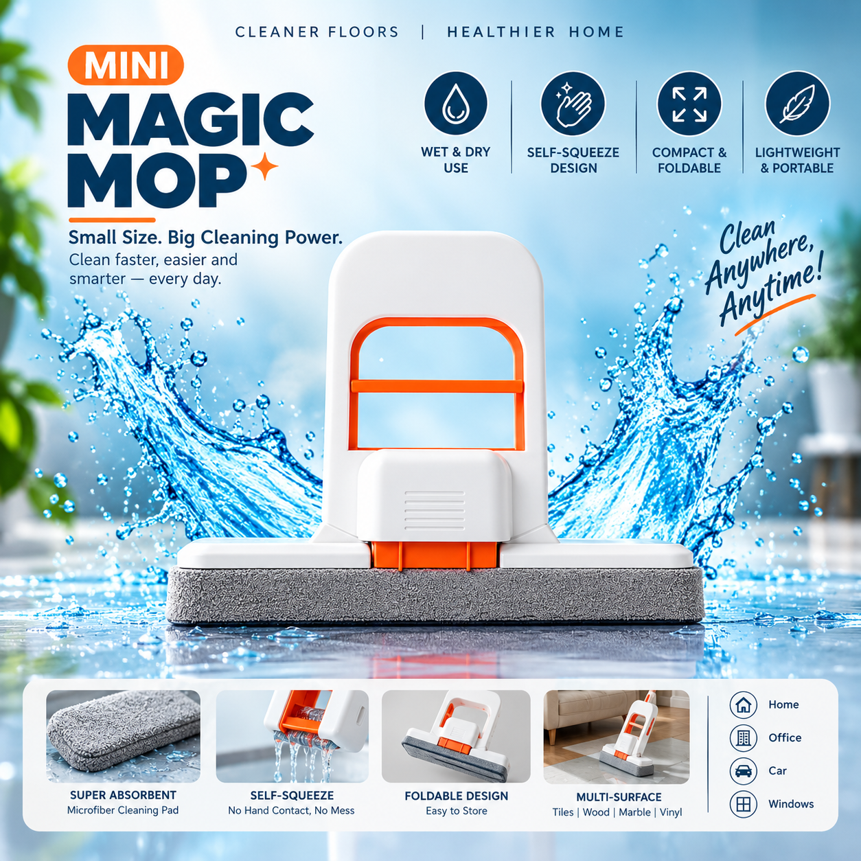 Mini Magic Mop – Self-Squeeze Microfiber Cleaning Mop | Wet & Dry Floor, Kitchen, Glass & Car Cleaner