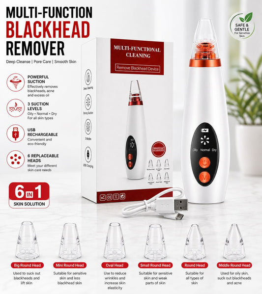 6-in-1 USB Rechargeable Blackhead Remover with 3 Suction Levels
